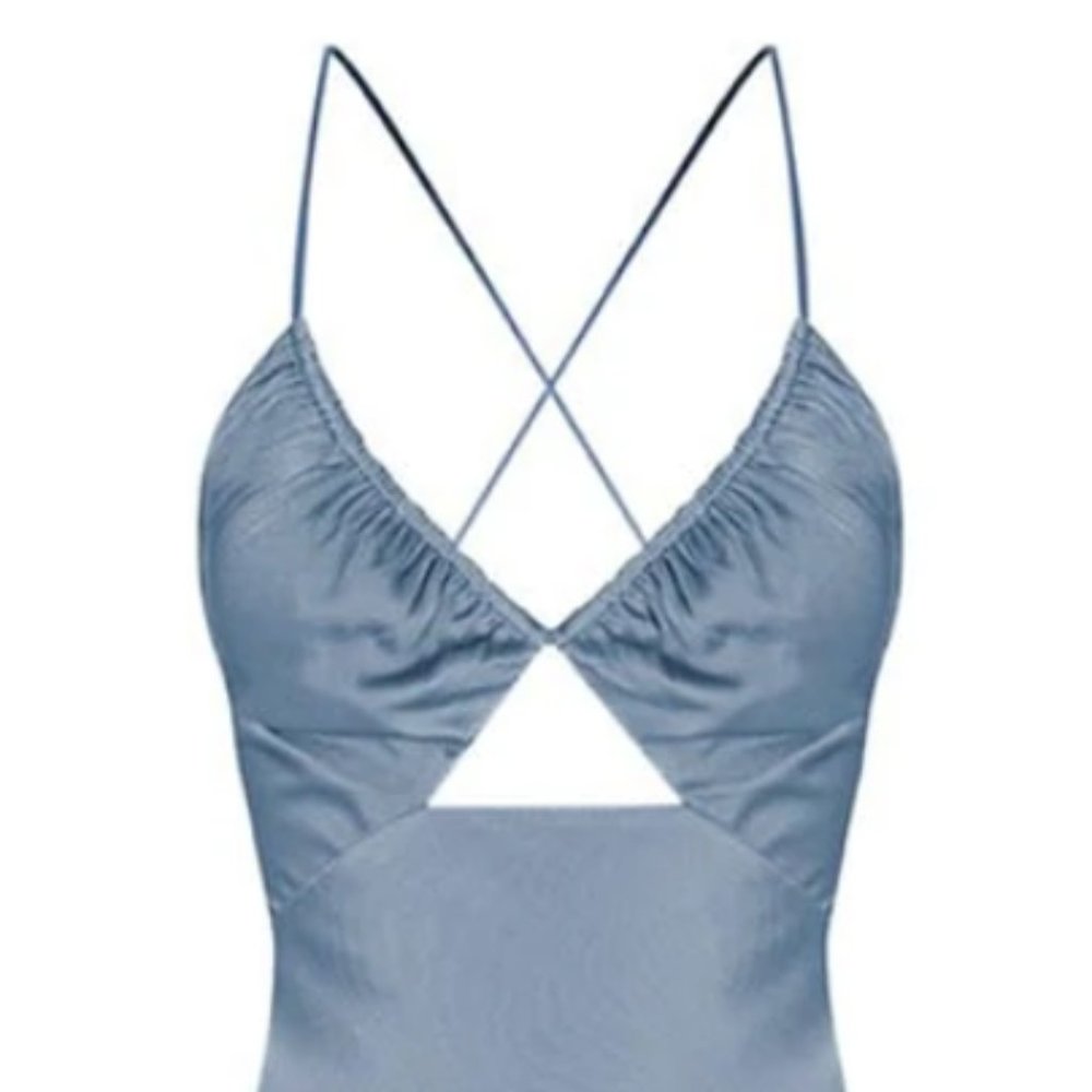 LA LUNE RUCHED BODICE MIDI DRESS - BLUE SMOKE size 6